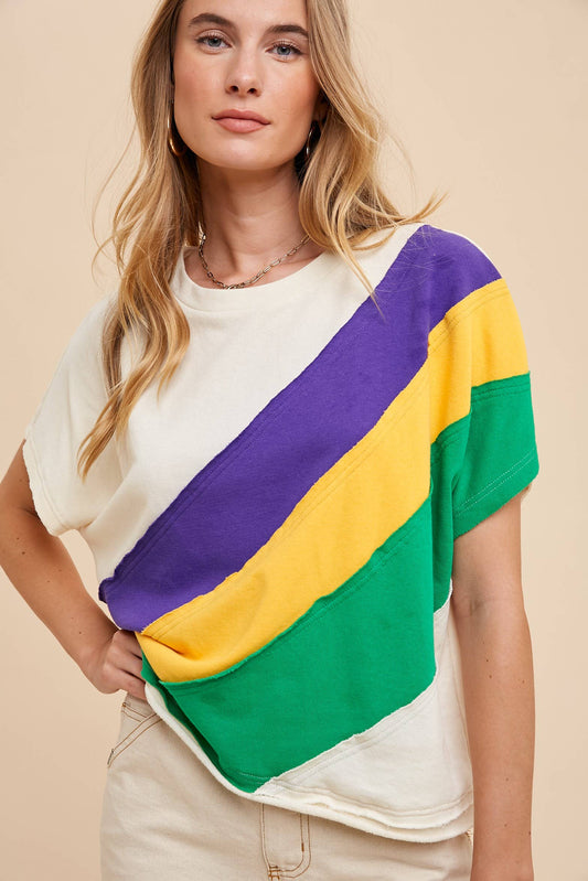 Mardi Gras Asymmetrical Color Block Pullover- Cream Combo