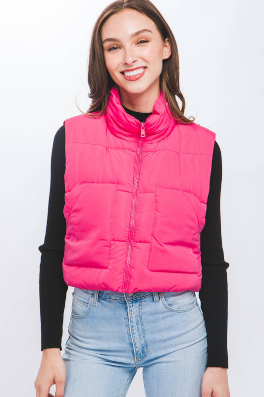 Puffer Vest With Pockets- Fuchsia
