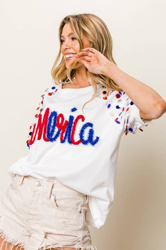 Metallic Letter Spangle Raglan Puff Sleeve Top
