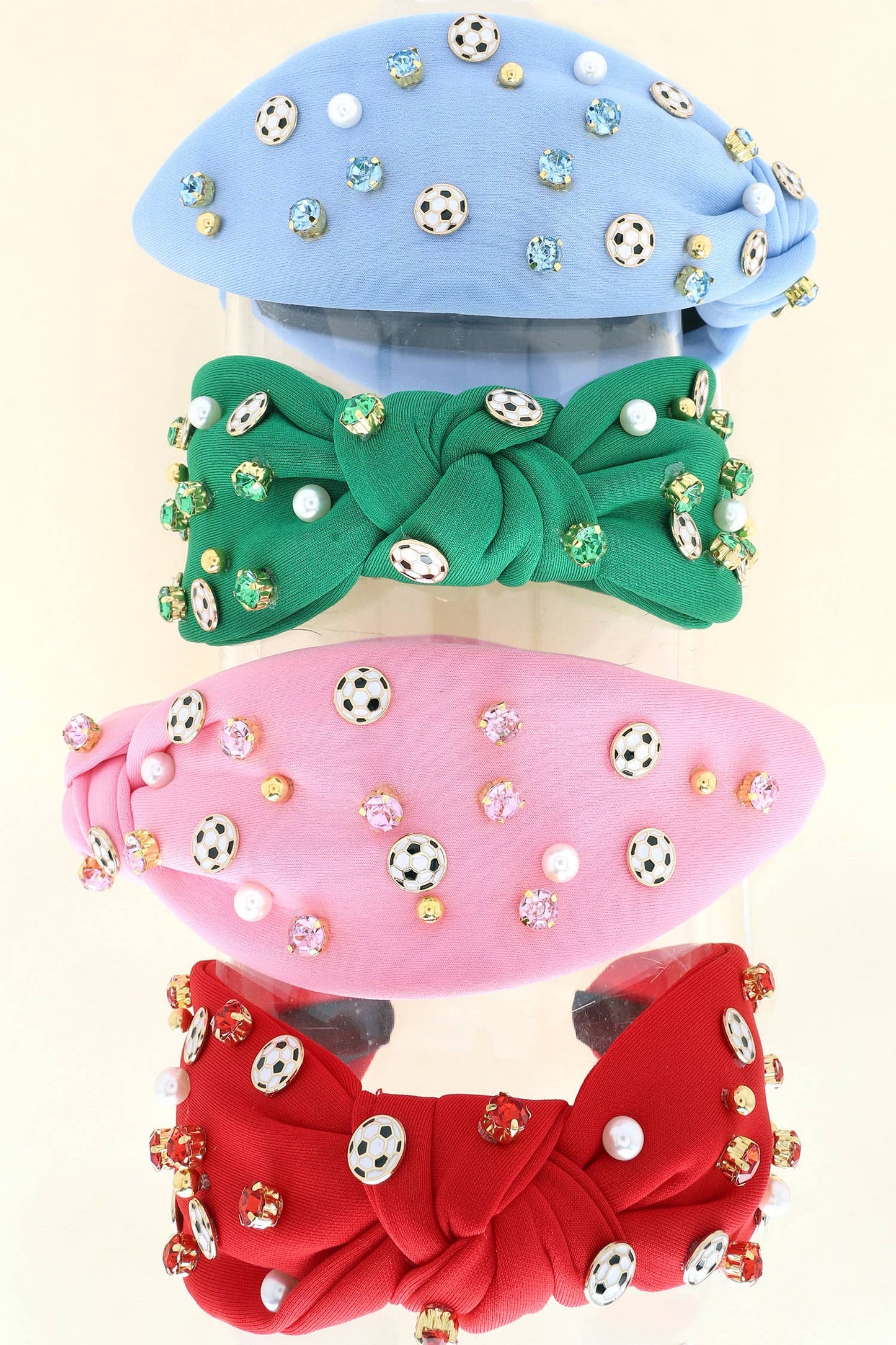 Jeweled & Pearl Beaded with Soccer Charms Knotted Headband - Black