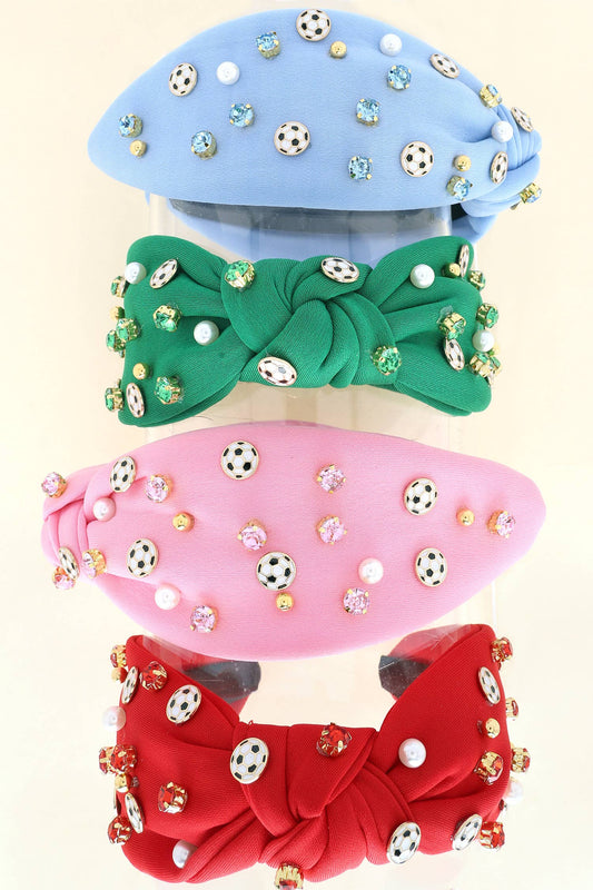 Jeweled & Pearl Beaded with Soccer Charms Knotted Headband - Black