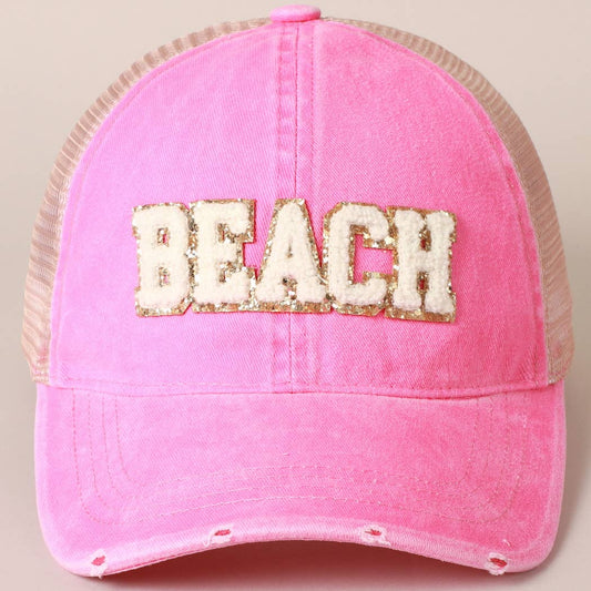 BEACH Chenille Letter Patch Mesh Back Baseball Cap- Hot Pink
