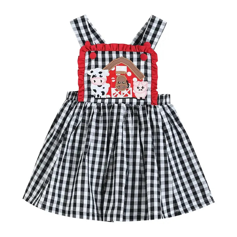 Black Gingham Barn Scene Applique Jumper Dress