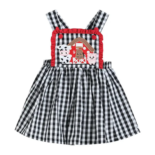 Black Gingham Barn Scene Applique Jumper Dress