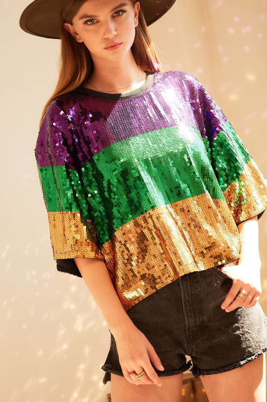 Mardi Gras Color Block Sequin Crop