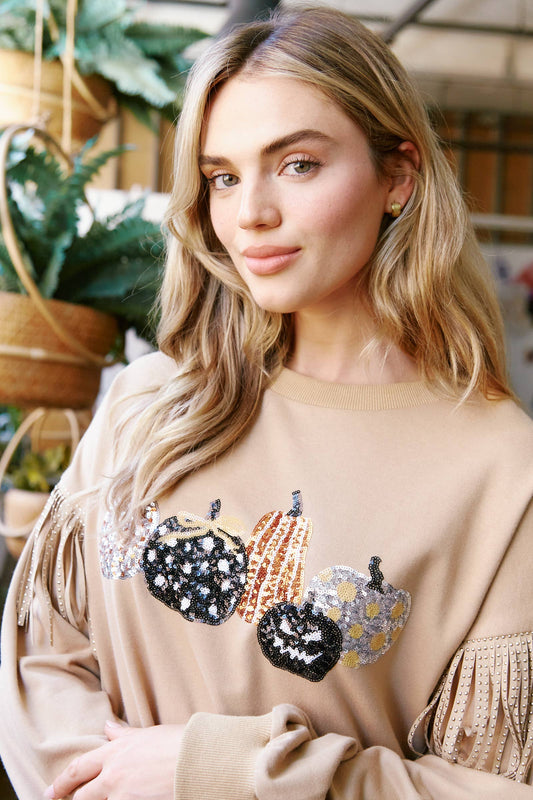 Pumpkin Sequin Patch Top - Dark Taupe