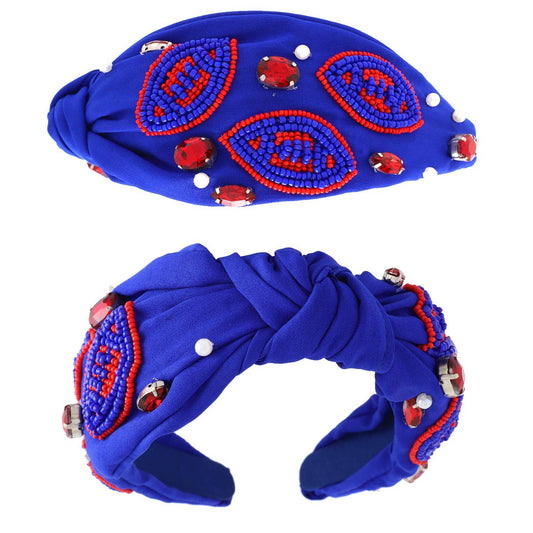 Rhinestone Gems & Beaded Football Pattern Knotted Headband - Red & Blue