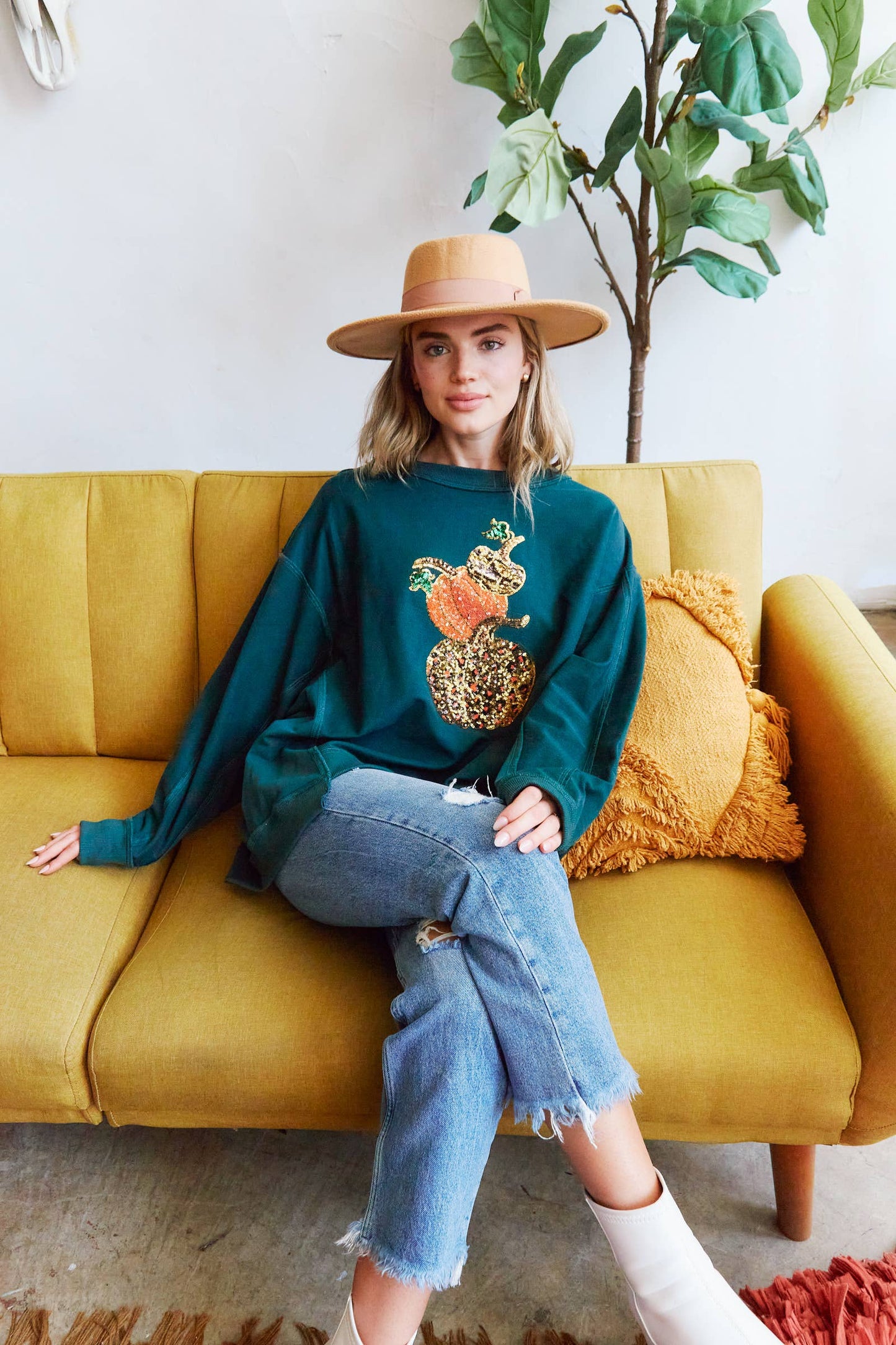 Sequin Pumpkin Patch Loose Fit Sweatshirt - Hunter Green