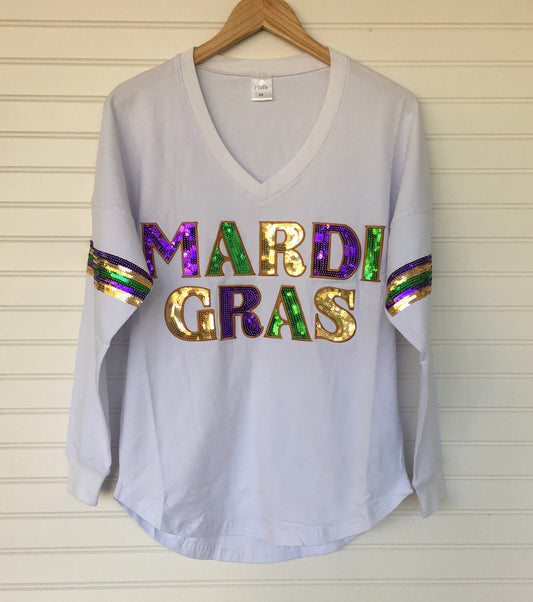 Mardi Gras Long Sleeve Sequin Shirt- White