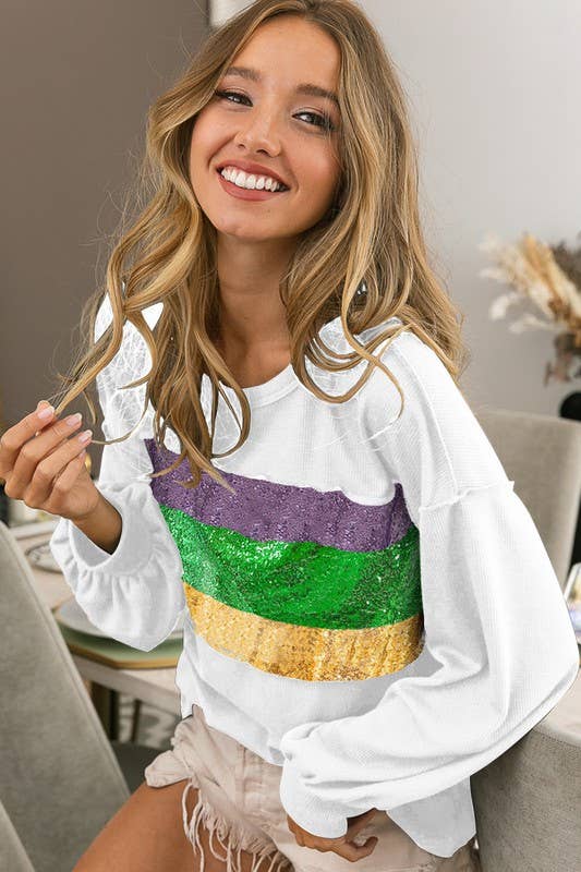 Mardi Gras Theme Sequins Color Block Top- Ivory