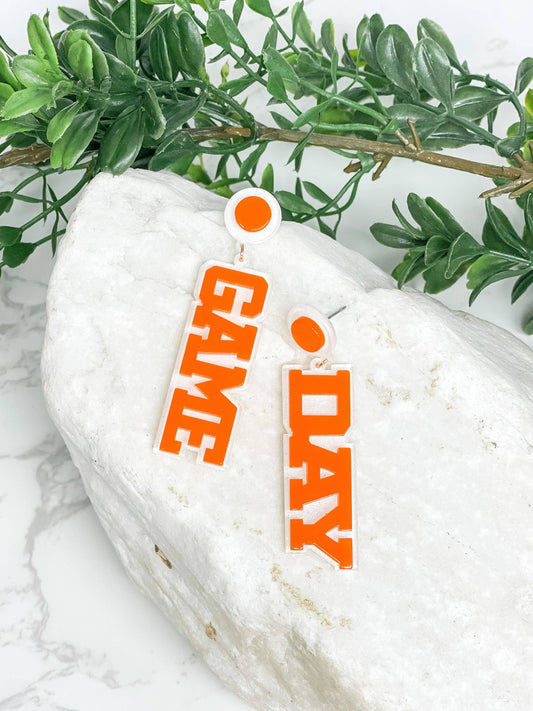 Game Day Statement Dangle Earrings - White & Orange