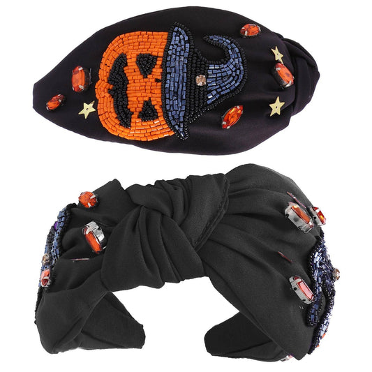Beaded Witch Hat Jack O Lantern Jeweled Knotted Headband - Black