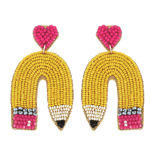 Beaded Curved Pencil w/ Heart Post Dangle Earrings