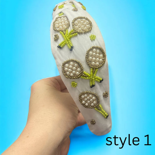 Tennis Rackets Seed Bead Headband- Creme