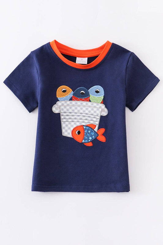 Navy Fish Applique Boy Top