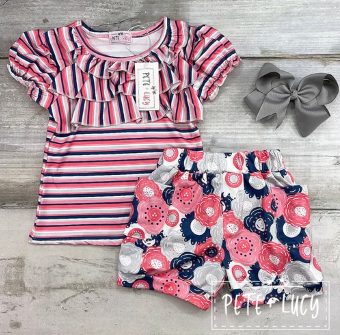 Ruffle Striped Coral Blue Camellia Flower Shorts 0-6M