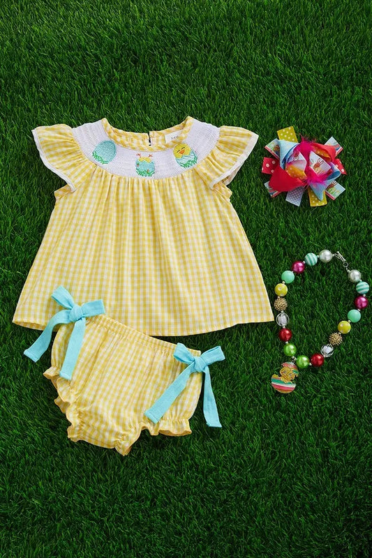White and Yellow Smocked Checkered Baby Set