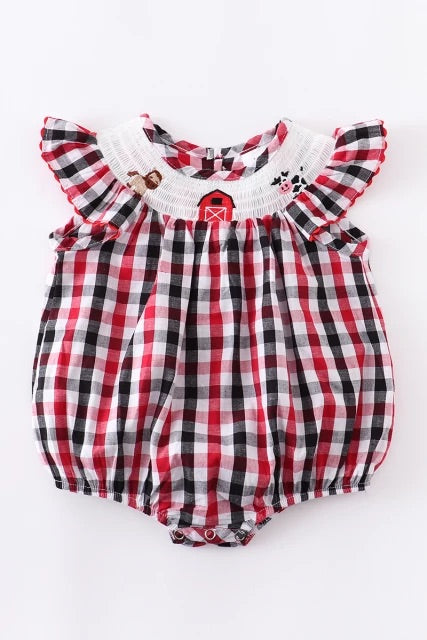 Woven Plaid Gingham Farm House Girls Romper