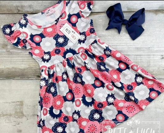 Red Dark Blue Camellia Floral Dress